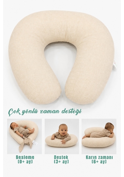 Emzirme Yastığı, Bebek Destek Minderi, Hamile Yastığı, Pamuklu Kumaş, Gökkuşağı Seri, Krem