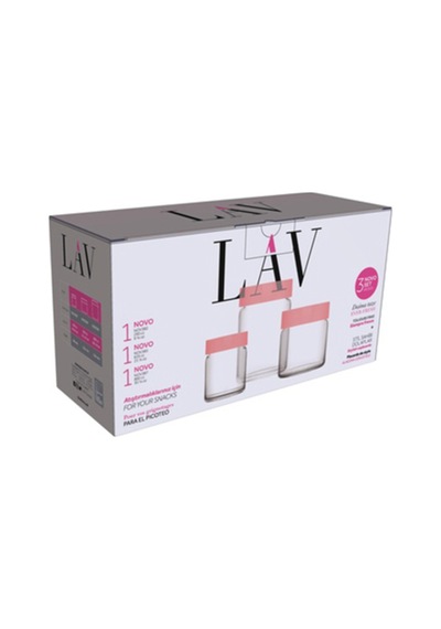 Lav Novo Cam Saklama Kabı Seti 3'lü Pembe Plastik Kapaklı (1 Küçük, 1 Orta, 1 Büyük Saklama Kabı)