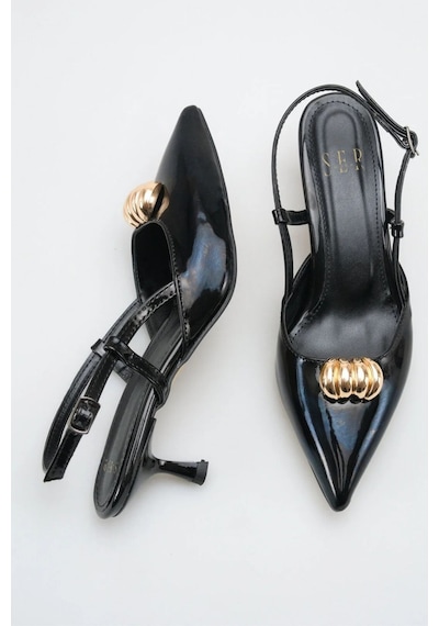 Sermoda Topuklu Kadın Ayakkabı - 5 Cm İnce Topuklu Sivri Burun Kadın Stiletto Ayakkabı Rugan Siyah