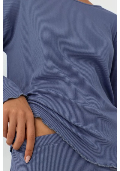 Hiccup Yüksek Bel Uzun Kollu Pijama Takımı Oxford Mavisi