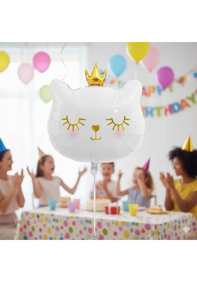 30 İnç Beyaz Kedi Kafası Taçlı Folyo Balon - Doğum Günü Parti Dekorasyon Balonu Çok Renkli