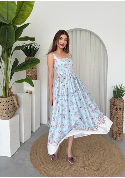 Defymoda Yoa Cep Detaylı Elbise Mavi