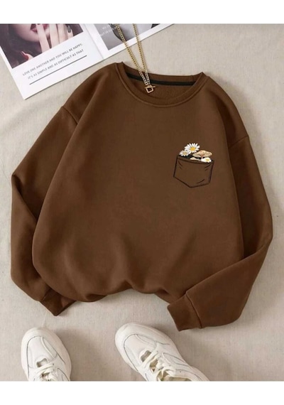 Kozia Outdoors O Yaka Baskılı Oversize Unisex Sweatshirt Kahverengi