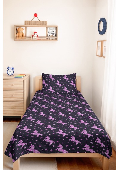 Evimde Bambaşka Unicorn Yıldızlı Antrasit Kız Çocuk Pike Takımı - Pembe Mor Bebek Odası Yatak Örtüsü - 160x220  CM