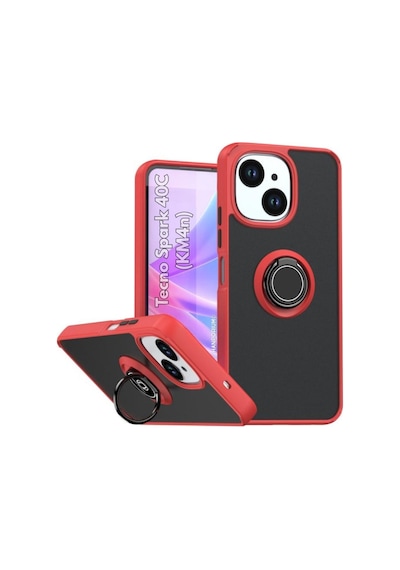 Tecno Spark 40c Uyumlu Kılıf Yüzüklü Standlı Extra Darbe Koruma Sert Silikon Kapak - Kırmızı Kırmızı