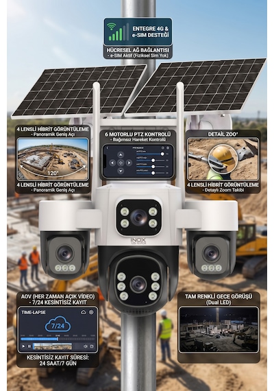 Inox Digital Inox X24 4g E-simli 6 Motorlu 4 Kameralı Solar Güvenlik Kamerası 7/24 Kayıt