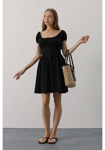 Defymoda Beli Korseli Mini Elbise - Siyah Siyah