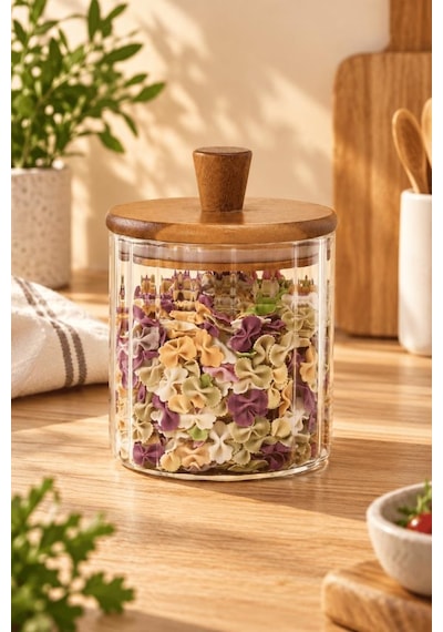 Atbyhome Akasya Ahşap Kapaklı Çizgili Cam Kavanoz 600 Ml - Vakumlu Erzak Ve Baharat Kabı