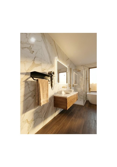 Premium Seri , Modern Paslanmaz Metal Banyo Havluluğu Ve Saç Kurutma Makine Askısı Banyo Organizeri Siyah