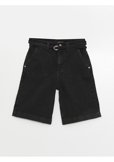 Lcw Jeans Siyah Beli Kemerli Bermuda Fit Kadın Jean Şort