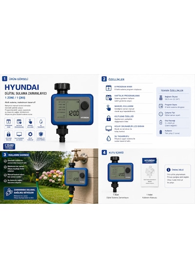 Hyundai G22101 Dijital Sulama Zamanlayıcı 1 Çıkışlı Programlanabilir Musluk Zaman Saati G3/4
