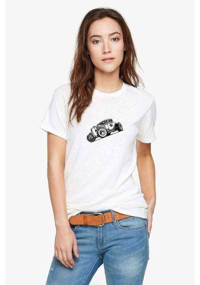 Retro Baskılı Beyaz Kadın Tshirt