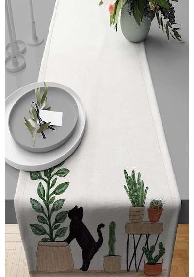 Viva Home 40x140cm Runner Dokuma Leke Tutmaz Premium Tay Tüyü Kumaş Masa Örtüsü Kaktüslü Rnr444 Diğer