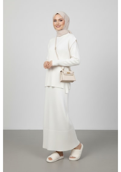 Defymoda Kadın Krem Modest Triko Tunik Elbise Takım Kremrengi