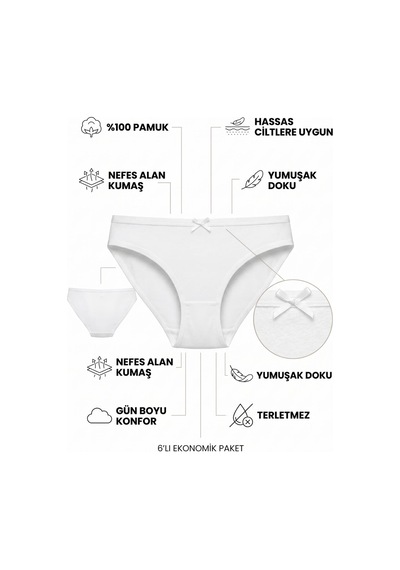 Hepsine Rakip 6'lı Tutku Kadın Pamuklu Fiyonklu İnce Bel Bikini Külot Seti Beyaz