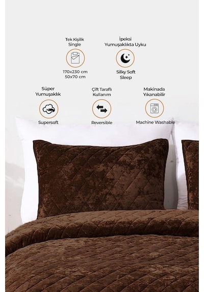 Evlen Home Kapitone Kadife Yatak Örtüsü Seti Tek Kişilik Supersoft 2 Parça Yumuşak Elyaf Dolgulu Koyu Kahve Koyu Kahverengi