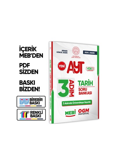 2026 Ayt Mebi-ogm 3 Adım Tarih Soru Bankası Renkli A4 Boyut Video Çözümlü Baskı Ücreti