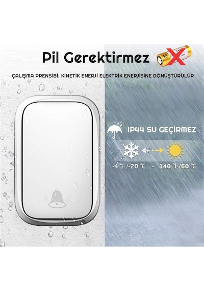 Cacazi 2 Buton 1 Alıcı Su Geçirmez Beyaz Pilsiz Kablosuz LED Kapı