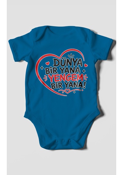 Morivokids Dünya Bir Yana Yengem Bir Yana Kısa Kollu Bebek Body %100 Pamuk Koyu Mavi