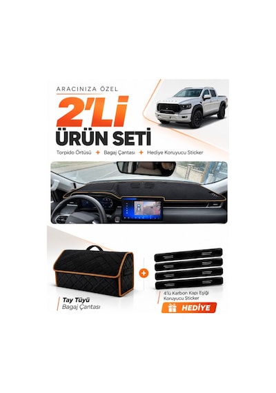 Foton Tunland V9 2025-sonrası Uyumlu Torpido Örtüsü + Tay Tüyü Çanta Seti - Siyah Kahverengi