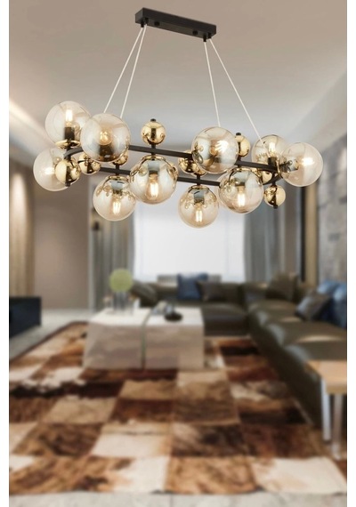 12li Dikdörtgen Camlı Gold Modern Avize Çok Renkli