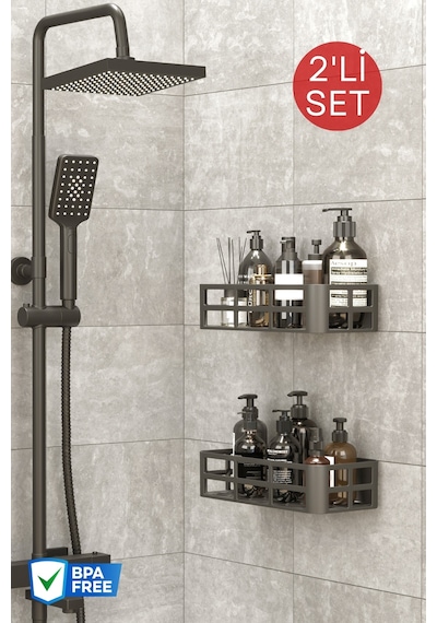 Yapışkanlı 2 Adet Banyo Rafı Şampuanlık Sabunluk Antrasit
