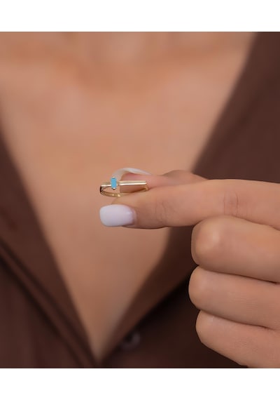 Bayar Gold 14 Ayar Altın Turkuaz Baget Taşlı Düz Yüzük Sarı Altın