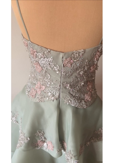 Chica Rosa Fashion Su Yeşili Kristal Taşlı Prenses Elbise - Sage Dream