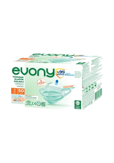 Evony Yumuşak Elastik Kulaklı Cerrahi Maske 50 Adet Yeşil