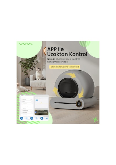 Msp01 Gri Akıllı Otomatik Kedi Tuvaleti, App Kontrol, 65lt Hazne, 9lt Atık Haznesi,iyonizer Kötü Koku Giderici