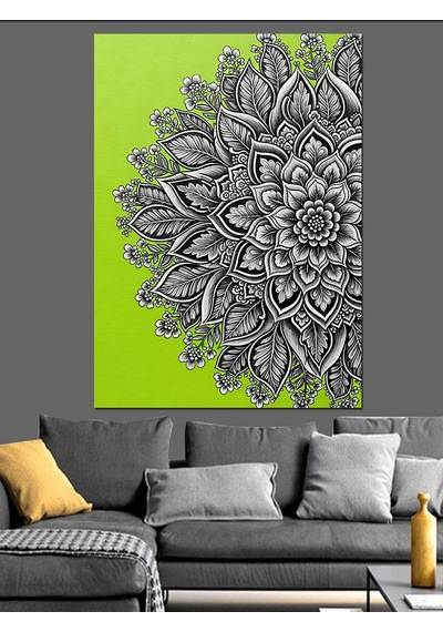Yeşil Siyah Mandala Deseni Dekoratif Kanvas - Mdf Ahşap Tablo