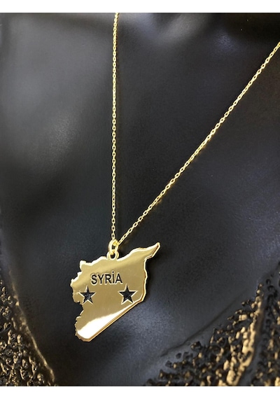 Vog Suriye Syria Haritası Bayrağı Sarı Renk 925 Ayar Gümüş Ülke Kolye