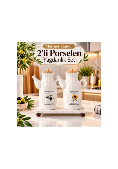 Mermer Standlı Porselen 1000 Ml Yağdanlık Set 3 Lü Yağlık Set Ayçiçek Yağı Zeytinyağı Şişesi Beyaz Beyaz