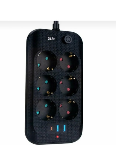 6'lı Çoklu Priz 2 Usb+1 Type-c Hızlı Şarj Girişli,termal Akım Ve Çocuk Korumalı, Uzatma Prizi 2 M