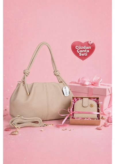 Westbag Kadın Büzgülü Dokulu Çanta Ve Mıknatıslı Cüzdan Seti Hediyelik Anneler Günü İkili Set Krem