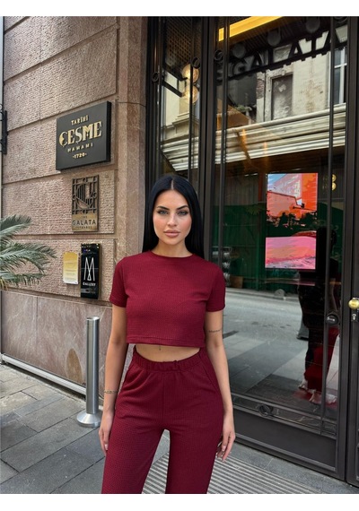 WeShaya Bordo Modal Polyester Keten Bisiklet Yaka Takım Bordo