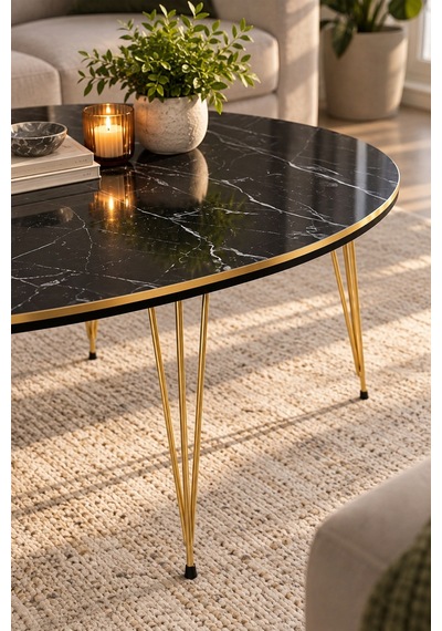 Sulorahome Oval Mermer Desenli Siyah Orta Sehpa Gold Metal Ayaklı