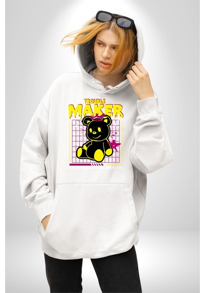 Baş Belası Teddy Kadın Erkek Beyaz Kapüşonlu Sweatshirt Hoodie Beyaz