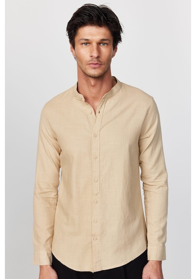 Tudors Slim Fit Dar Kalıp Uzun Kol Hakim Yaka Pamuklu Keten Efekt Bej Gömlek-28836-bej Bej