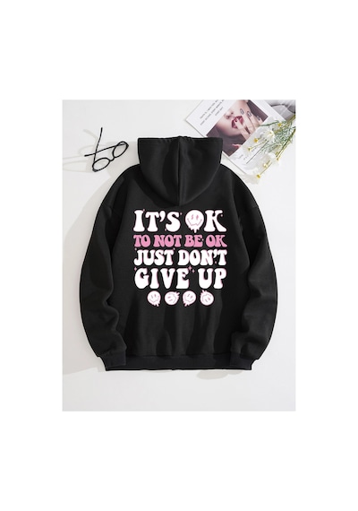 Tarzsokak Slogan Graphic Zip Up Drawstring Lined Hoodie Siyah