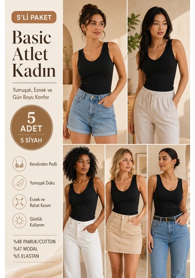 Loule Kadın 5'li V Yaka Pedli Kaşkorse Atlet Siyah Modal Pamuk