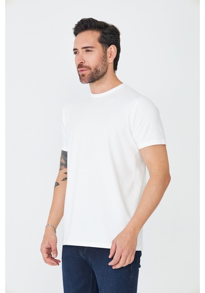 Beyaz Bisiklet Yaka Basic T-shirt Ekru