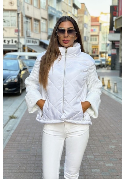 Keyifli Moda Kadın Beyaz Dik Yaka Kolları Triko Cepleri Fermuarlı Şişme Mont - 36 Beyaz