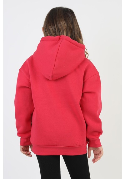 Kapüşonlu Art Baskılı Kanguru Cepli Kız Çocuk Sweatshirt-90847 Fuşya