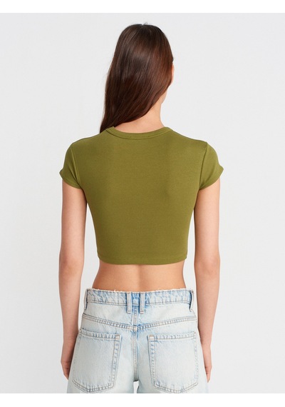 Dilvin 31810 Bisiklet Yaka Crop T-shirt-yağ Yeşil Yağ Yeşil