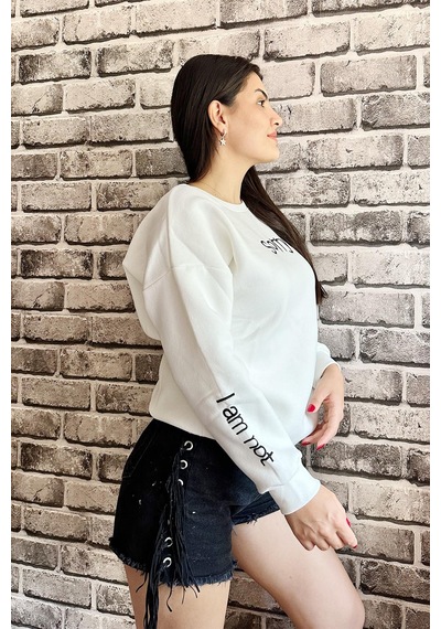 Beyaz Renk Sorry Baskılı 3 İplik Unisex Sweatshirt Beyaz