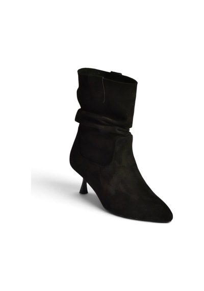 Fox Shoes Z282810502 Siyah Süet İnce Topuklu Büzgülü Kadın Bot