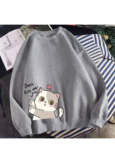 Tatlı Kedi Tasarım Sweatshirt - Gri Baskılı Oversize Kalın Kışlık Bisiklet Yaka Gri