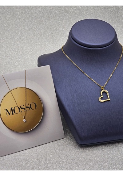 Kalpli Zirkon Taşlı Çelik Kolye Gold Renk Altın