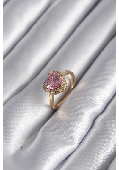 Pirinç Gold Renk Pembe Zirkon Taş Charm Model Kadın Yüzük